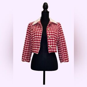 Dolls Kill SUGAR THRILLZ Red Gingham Cropped Tweed Collar Jacket